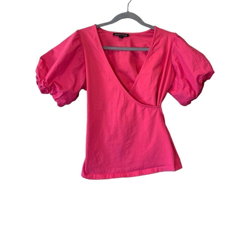 Boston Proper Poplin Puff Sleeve Surplice Top Small Pink